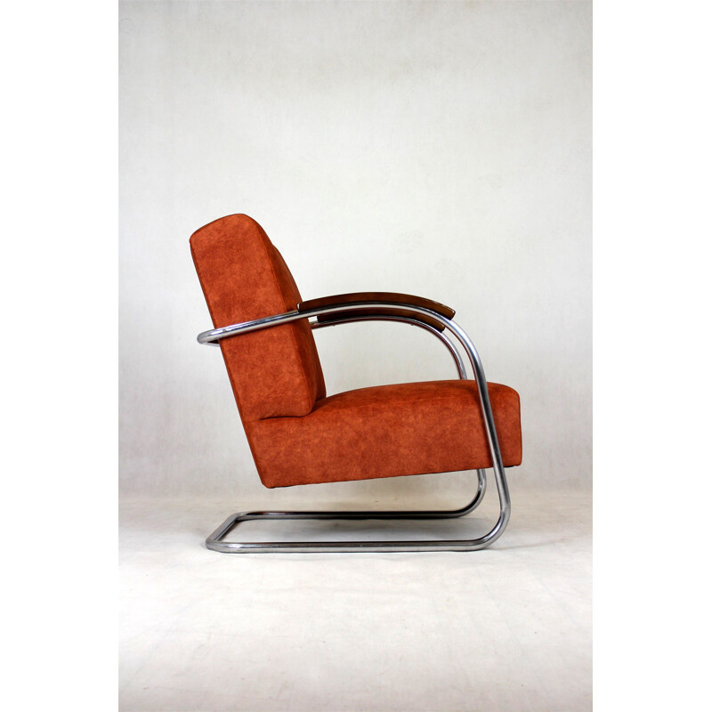 Vintage Bauhaus fauteuil in verchroomde stalen buis van Mücke Melder,  Tsjechoslowakije 1930