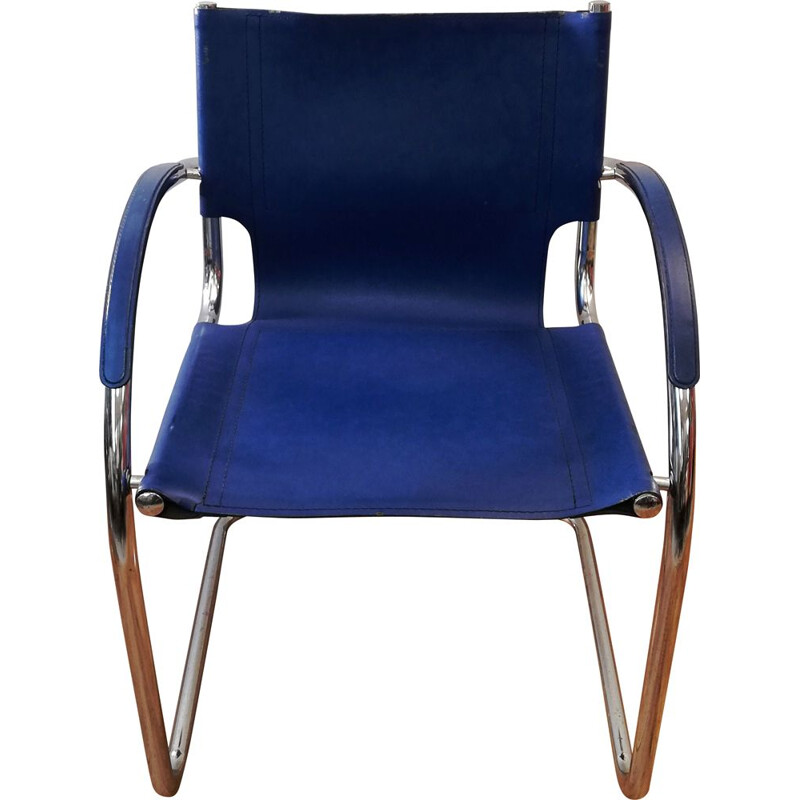 Chaise vintage en cuir bleu avec accoudoirs