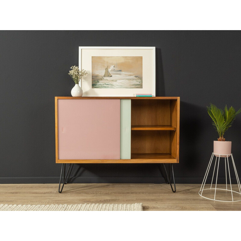 Vintage walnut sideboard with two sliding glass doors in white and pink,  Germany 1950s