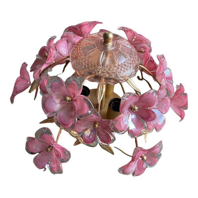 Vintage Italiaanse plafondlamp roze Murano glas