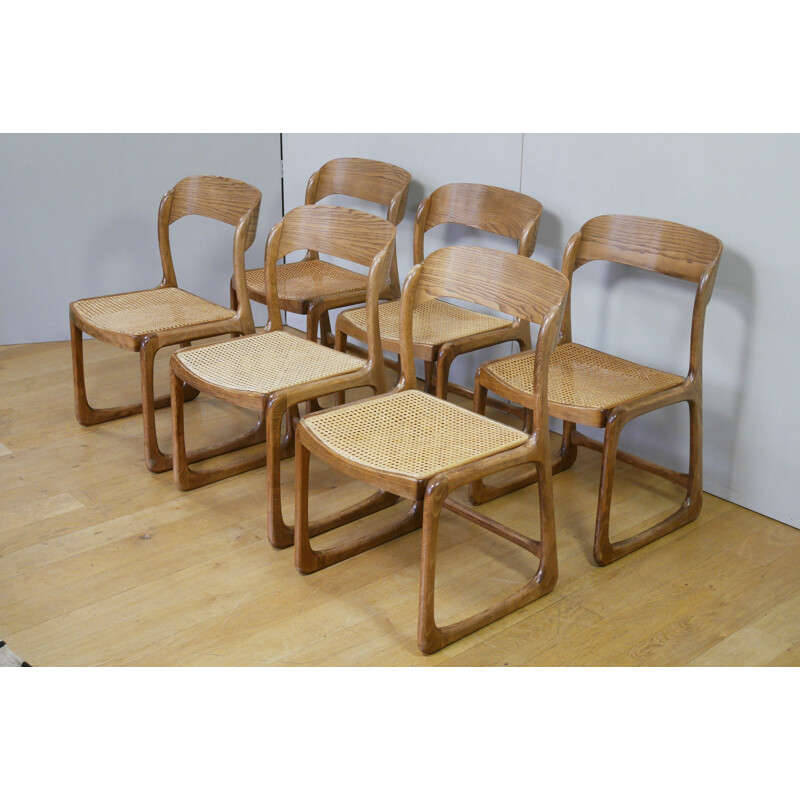 Lot de 6 chaises traîneau Baumann vintage cannée, 1960