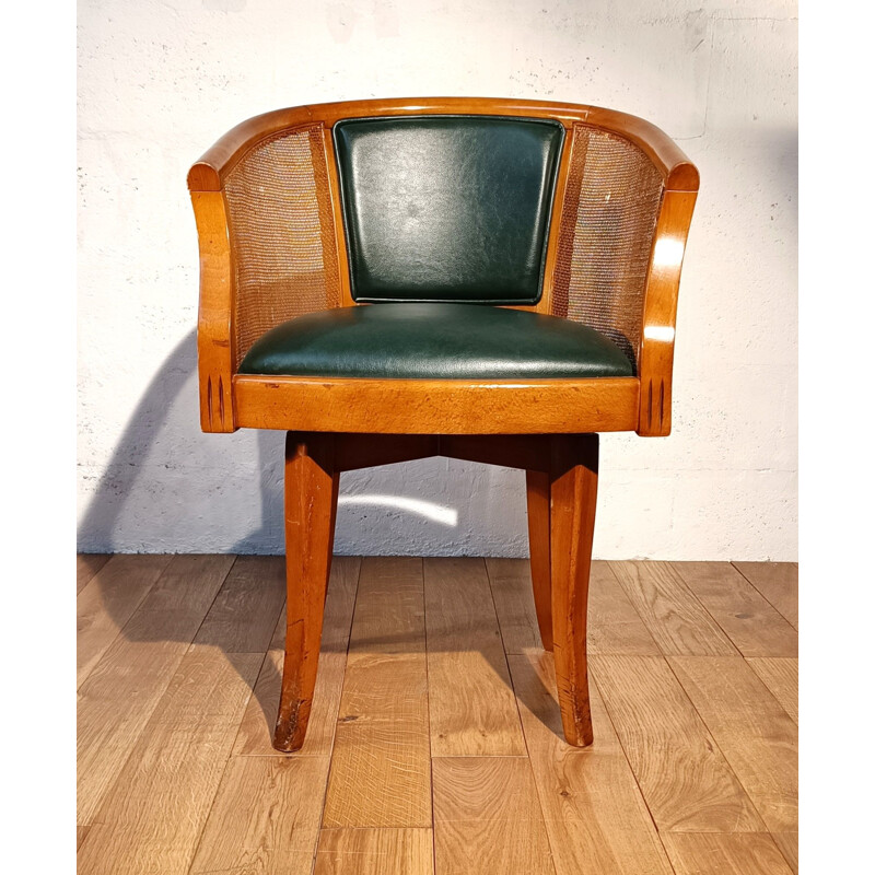 Mahogany and green leather vintage swivel office chair