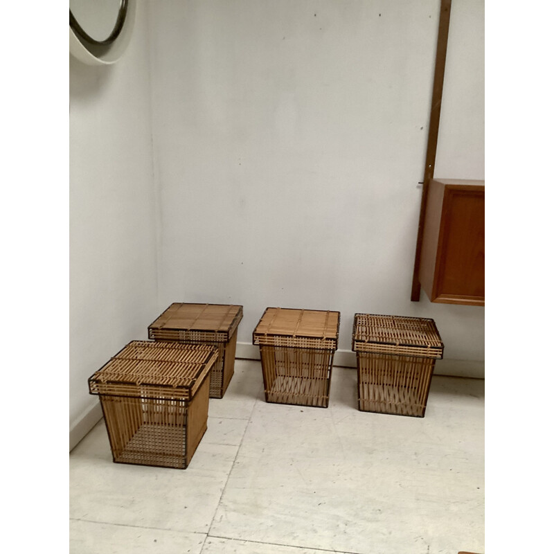 Set of 4 vintage Dutch rattan and steel storage baskets by Dirk Van  Sliedregt for Rohé,