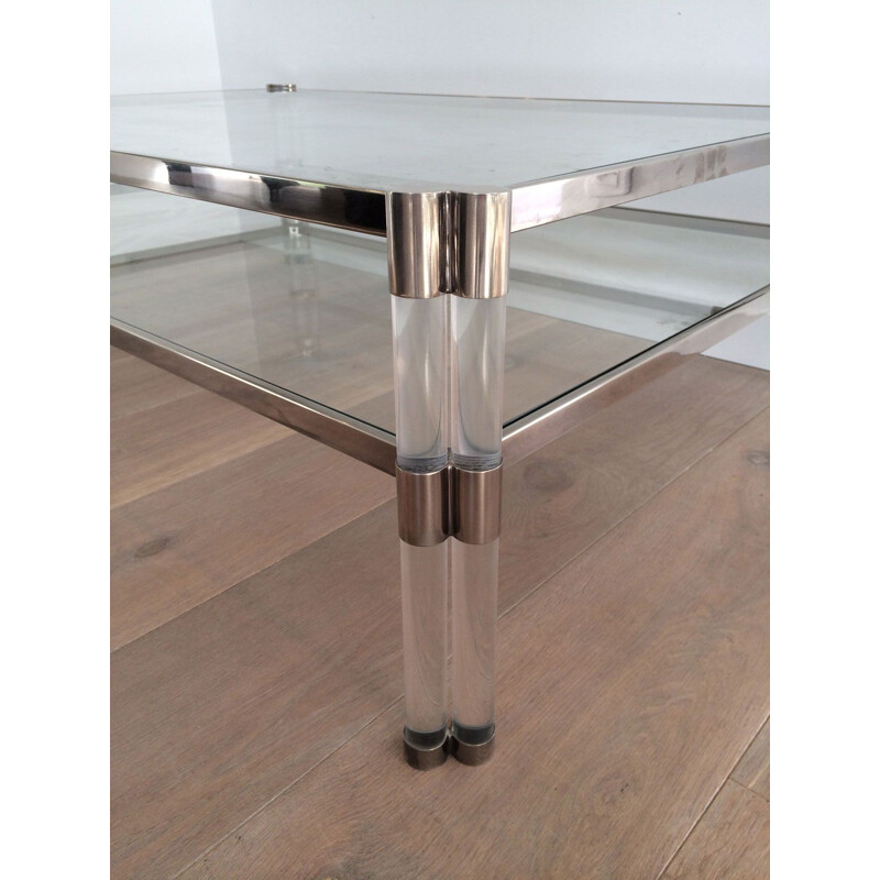 Vintage coffee table in plexiglass and chrome with double glass top, France  1970