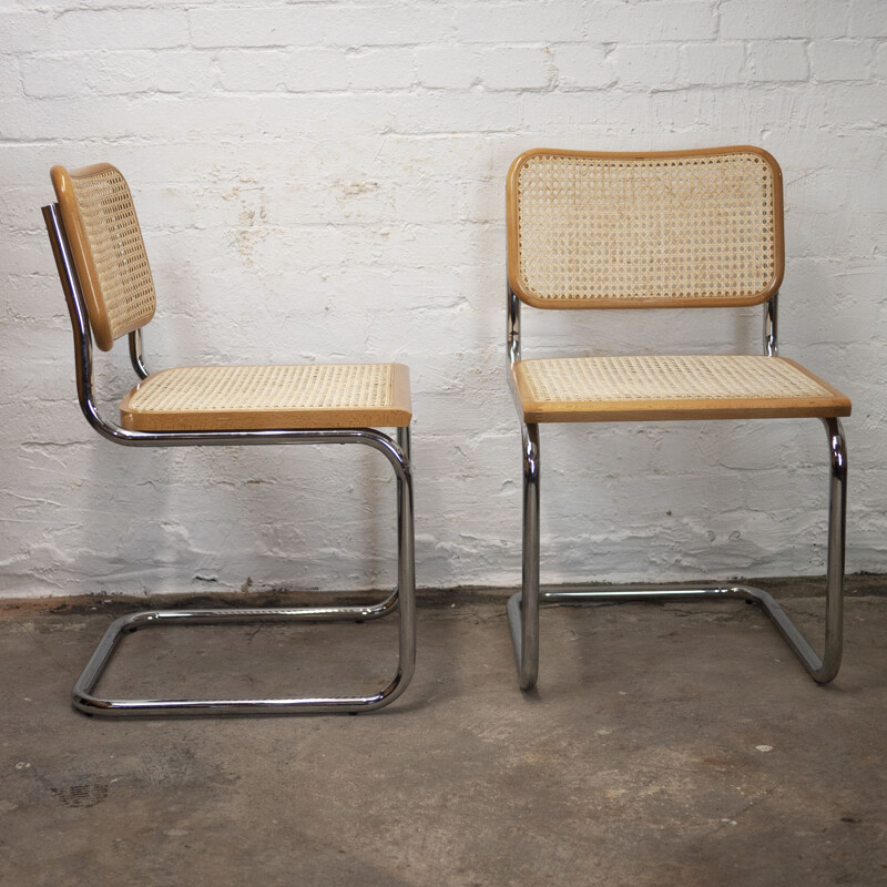 Set of 4 vintage cane and chrome cantilever Italian dining chairs, 1990s