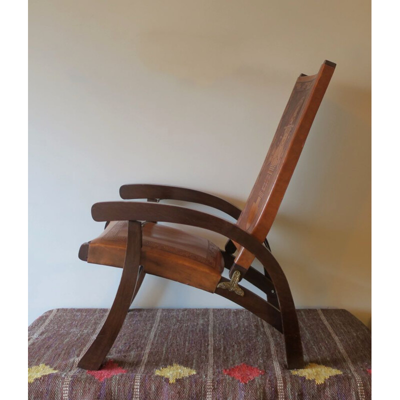 Vintage Ecuador folding armchair in teak and tooled leather by Angel I  Pazmino, 1970