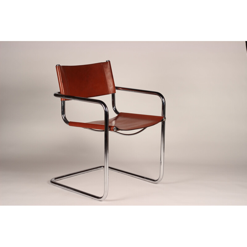 4 und Set aus Leder in cognacfarbenem Vintage-Freischwinger-Sesseln Chrom