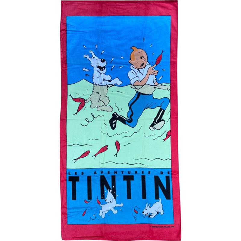 Serviette de plage vintage "Tintin à l'eau" par Hergé pour Jalla, 1995