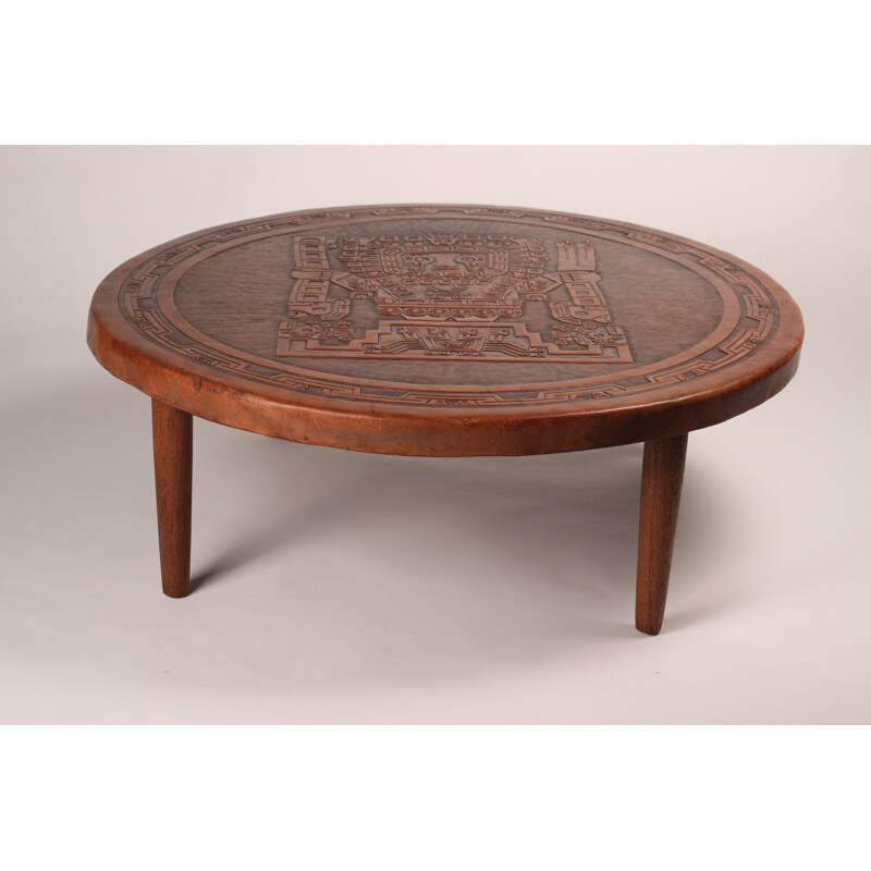 Table basse circulaire vintage en cuir et bois par Angel I. Pazmino pour  Estilo, Equateur 1960