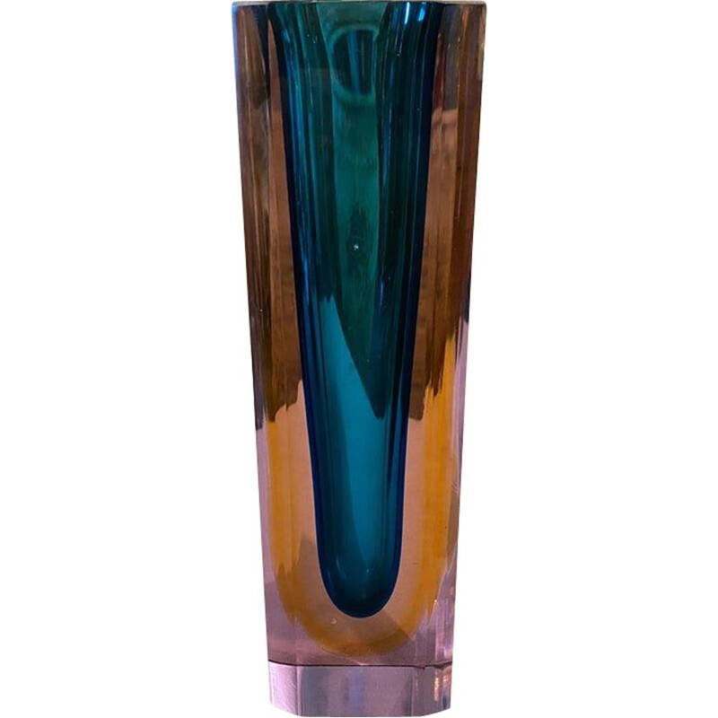 Vase rectangulaire vintage moderniste en verre de Murano à facettes par  Mandruzzato, 1970