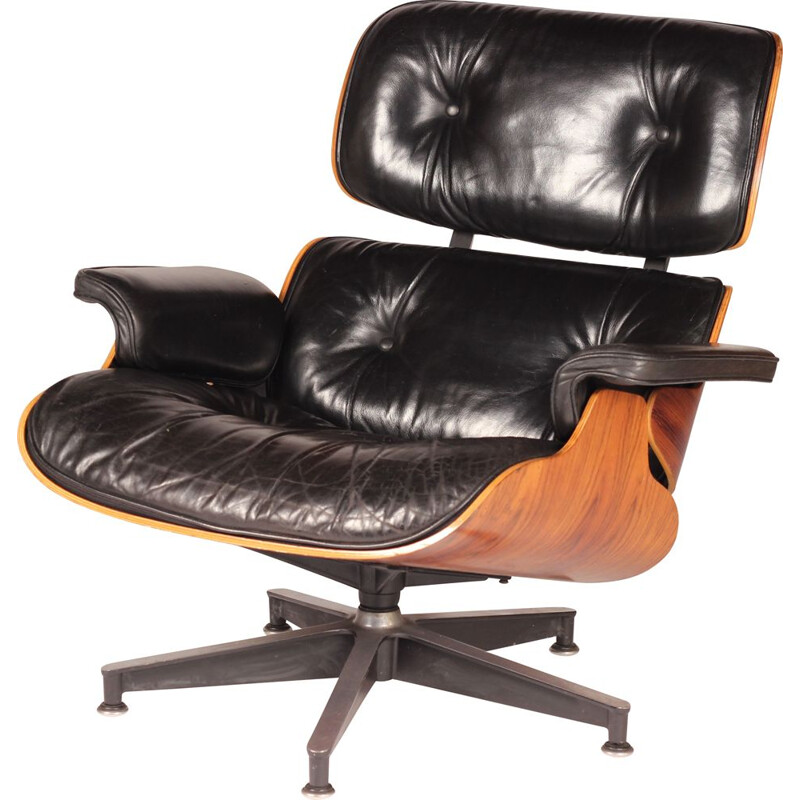 Poltrona vintage 670 in palissandro e pelle di Charles e Ray Eames per  Herman Miller