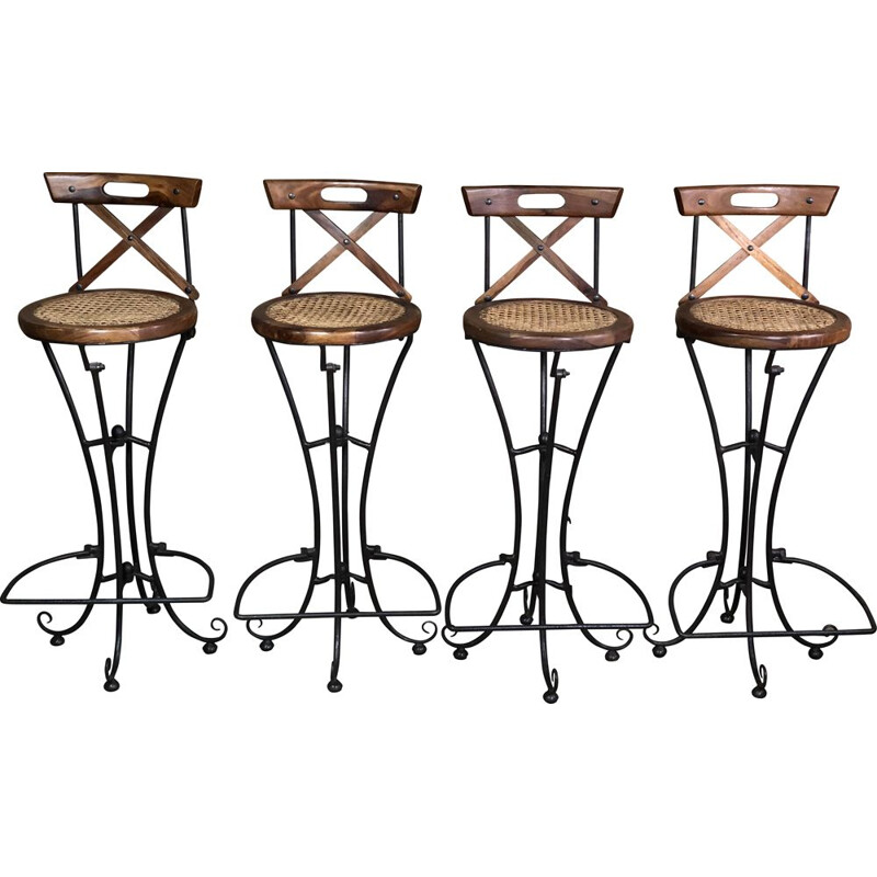Set of 4 vintage wood and wrought iron bar stools with cane seats