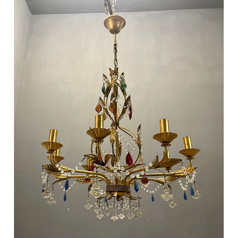 Lámpara florentina vintage de cristal de Murano dorado con oro fino, Italia