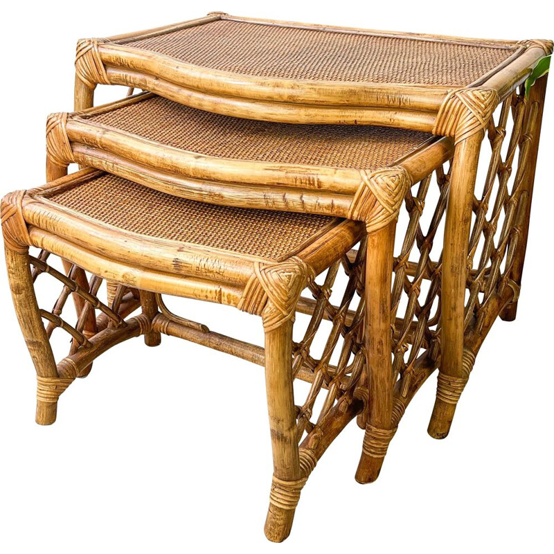 Vintage bamboo and rattan nesting tables, 1950