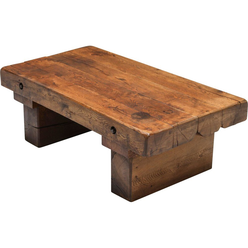 Rustic vintage coffee table in solid wood, France 1950