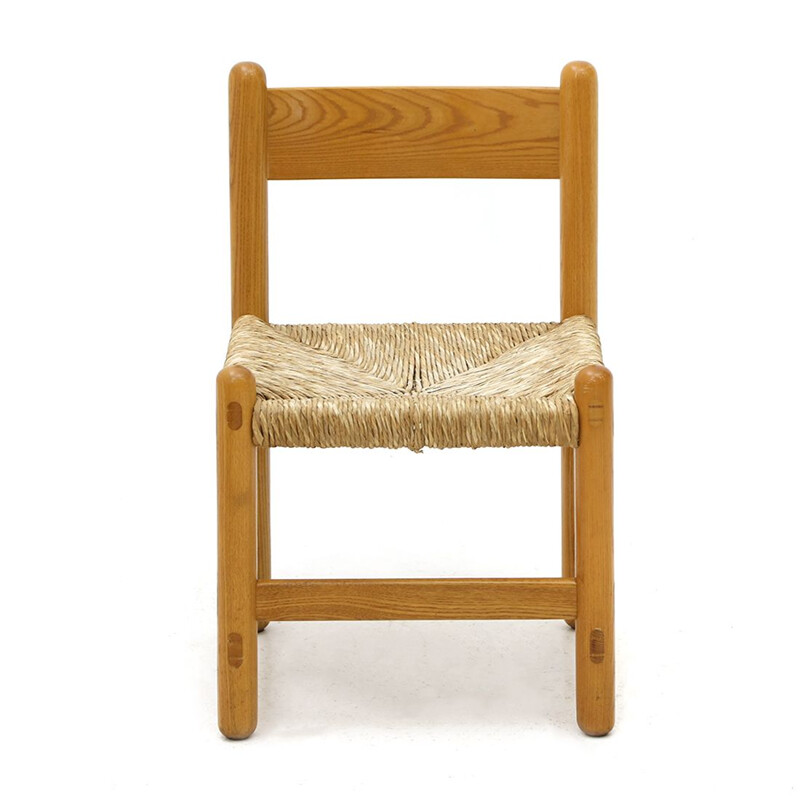 Juego de 12 sillas vintage de madera maciza de fresno y asiento de paja,  1970