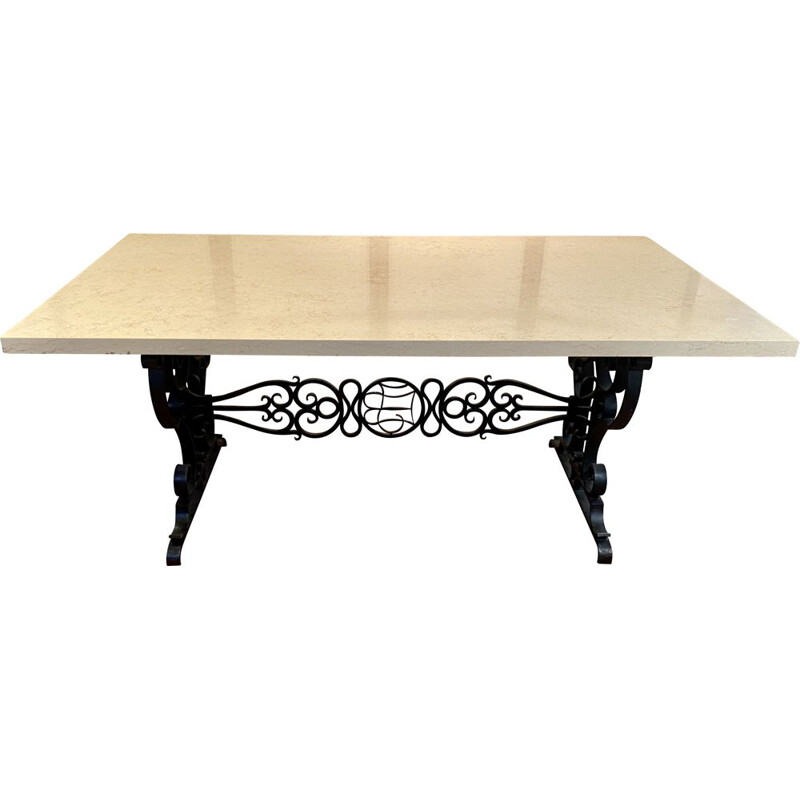 Table vintage Art déco en marbre et fer forge