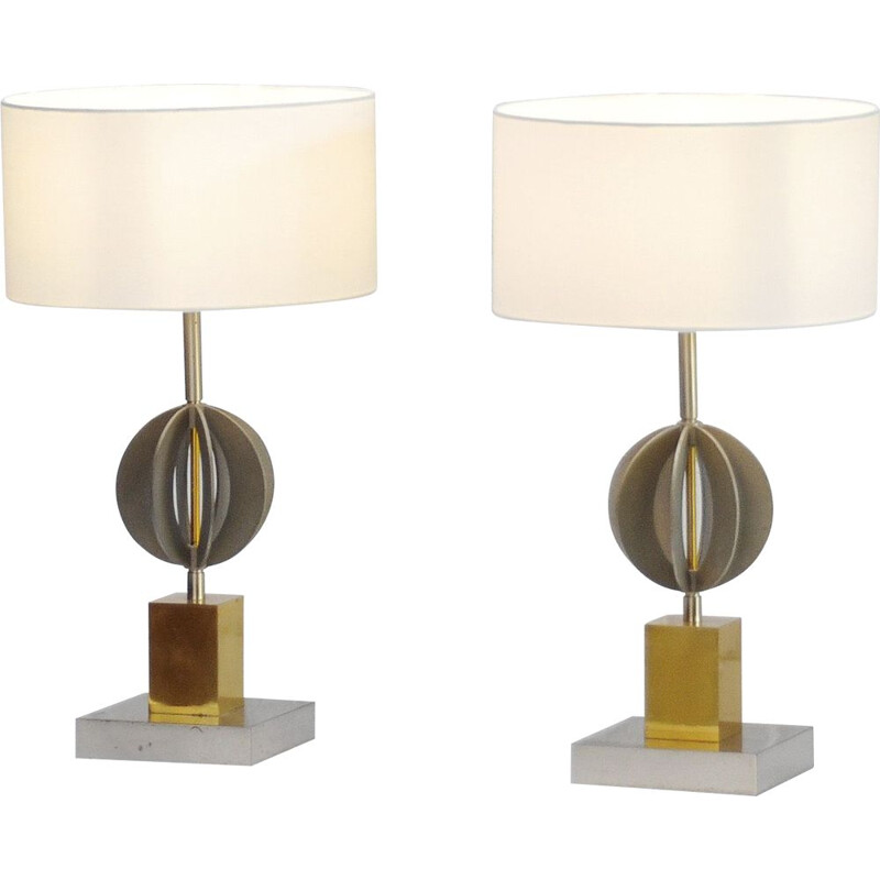 Pair of vintage geometric table lamps in chrome and brass, Italy 1970