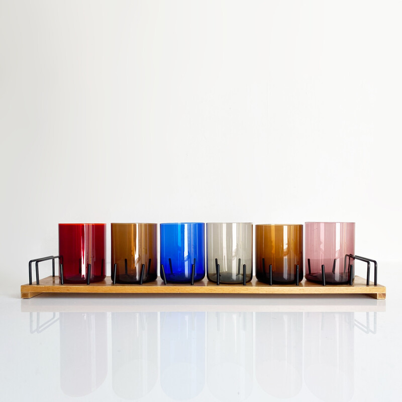 Set of 6 vintage colored glasses on wooden tray, Finland 1960