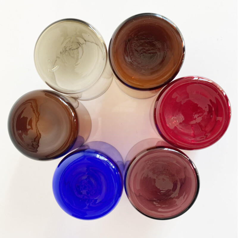 Set of 6 vintage colored glasses on wooden tray, Finland 1960