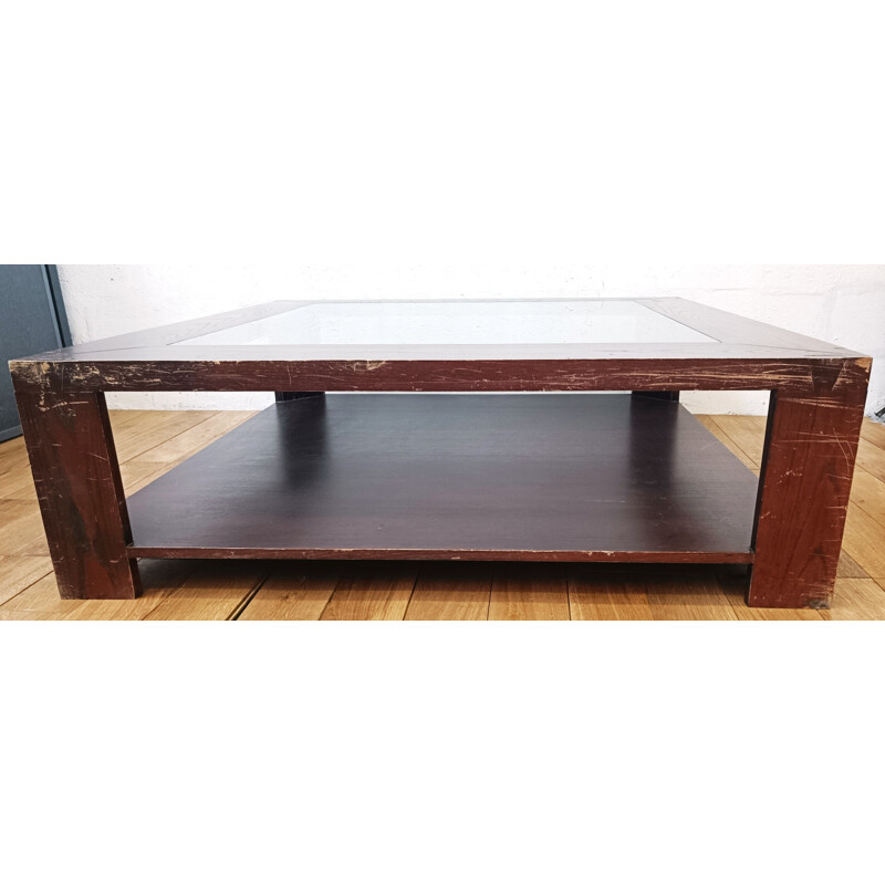 Table basse vintage "La Roche Bobois" en bois massif et en verre