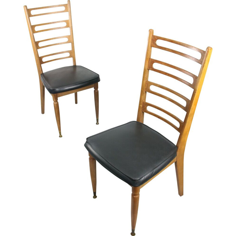 Pair of vintage vintage wooden & brass Scandinavian dining chairs