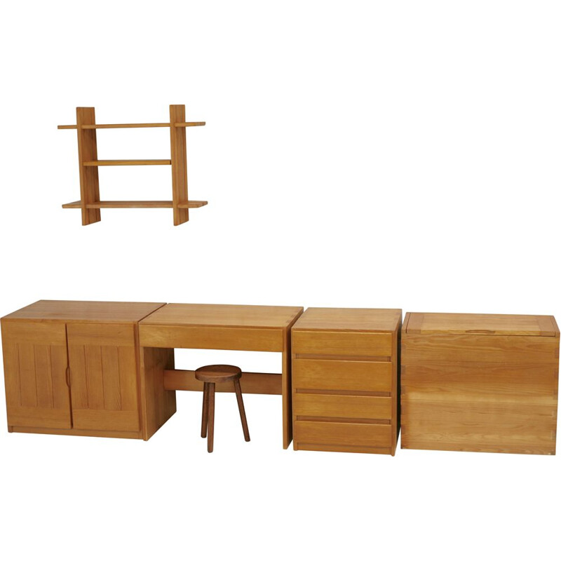 Vintage modular desk set in pine by Maison Regain, France 1975