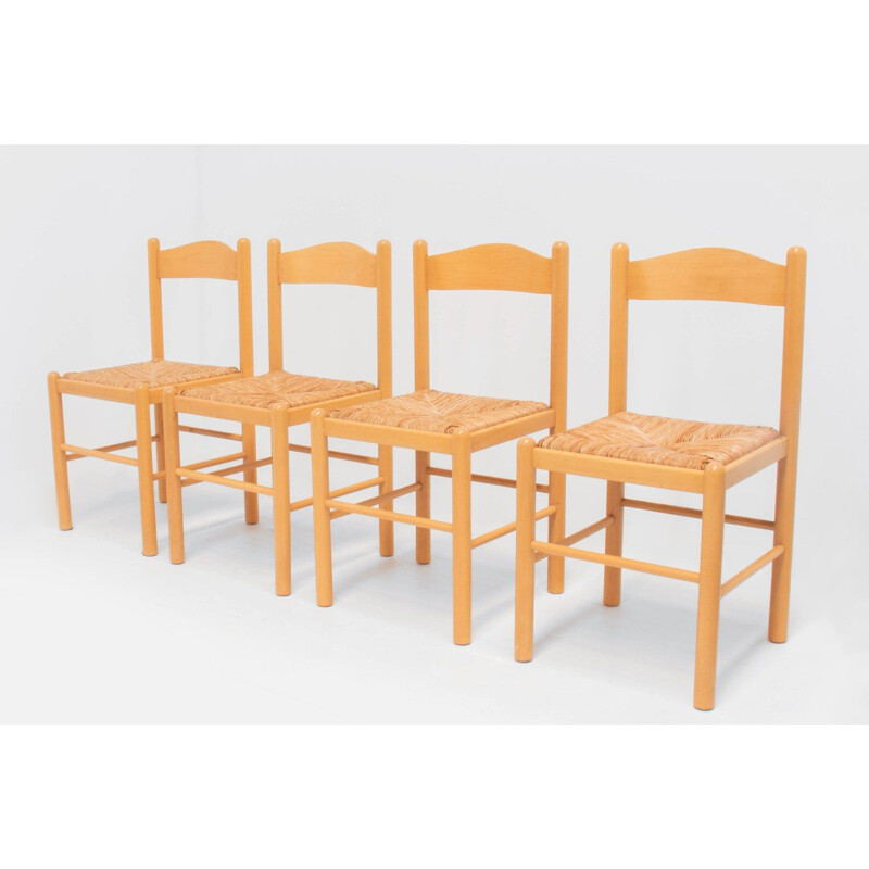 Ensemble de 4 chaises vintage en jonc et pin