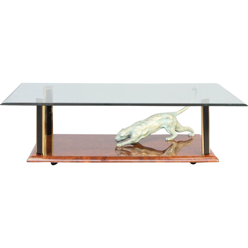 Vintage brass sculptural glass panther coffee table by Nicola Voci, 1970s
