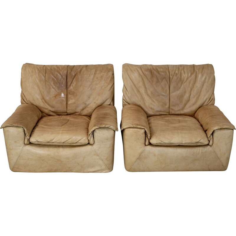Pair of vintage leather and foam armchairs by Cinna, France 1970