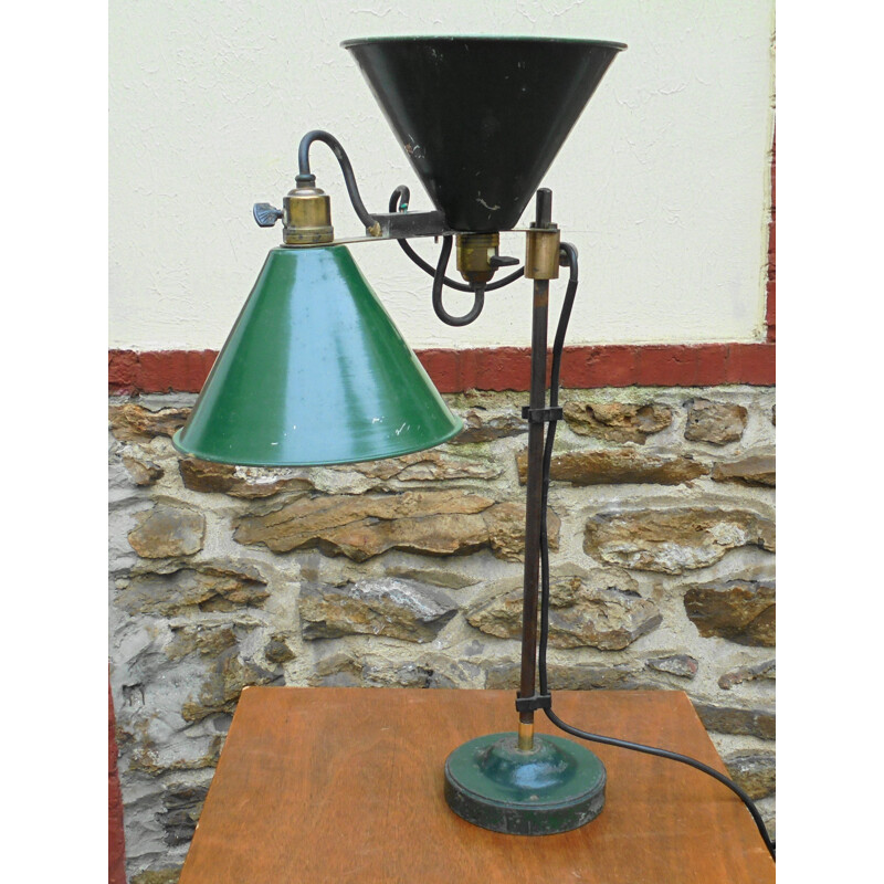 Lampe vintage d'atelier à double feux en fonte et en métal peint, 1950