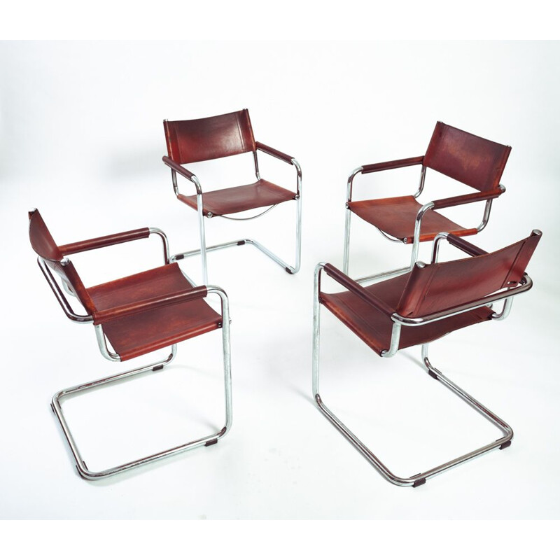 Set of 4 vintage s34 bauhaus chairs in cognac leather by Mart Stam Marcel  Breuer for