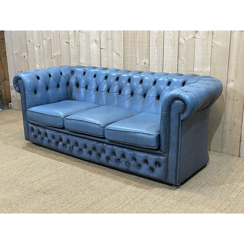 zeemijl paradijs Marxisme Vintage English 3 seater Chesterfield sofa in blue leather, 1980