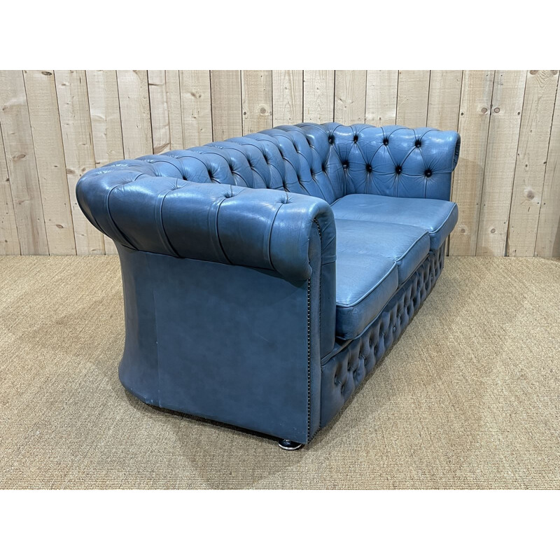 Vintage English 3 seater Chesterfield sofa in blue leather, 1980