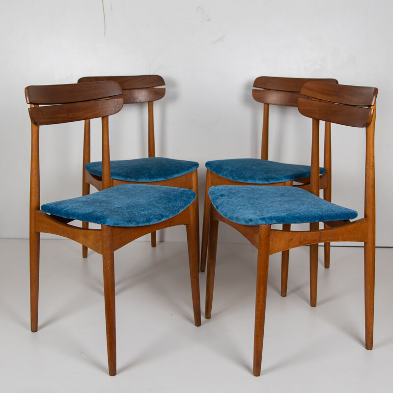 Set di 4 sedie scandinave vintage in teak e velluto, 1950