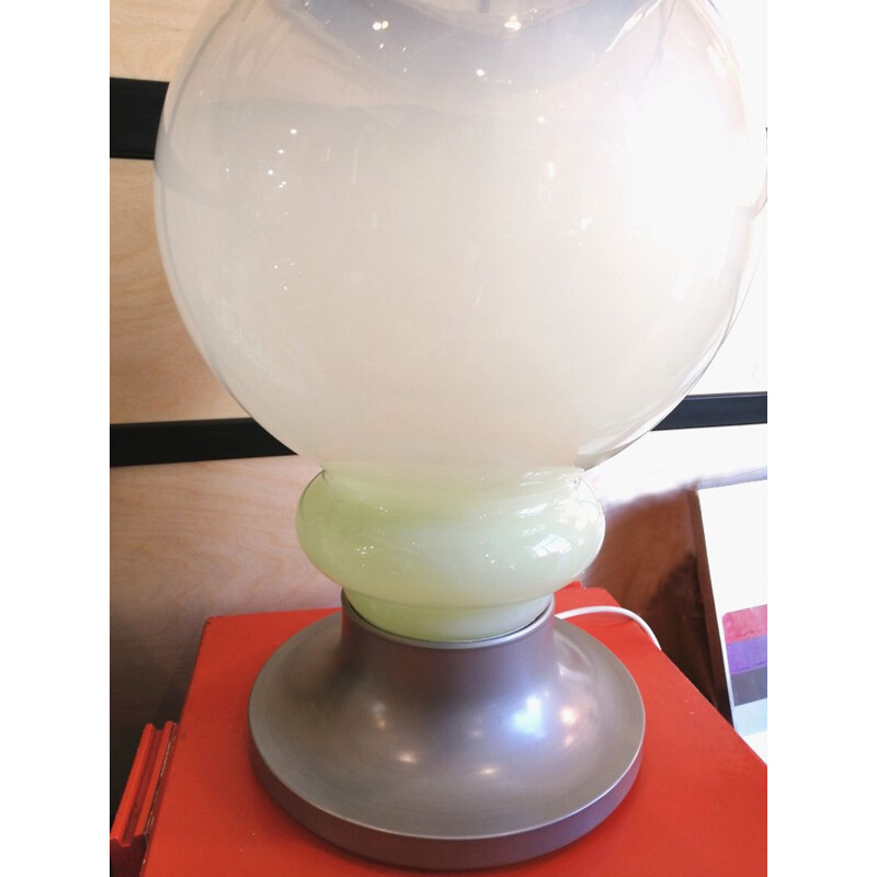 Vintage sphere lampe with white opal glass and metal base, 1970s