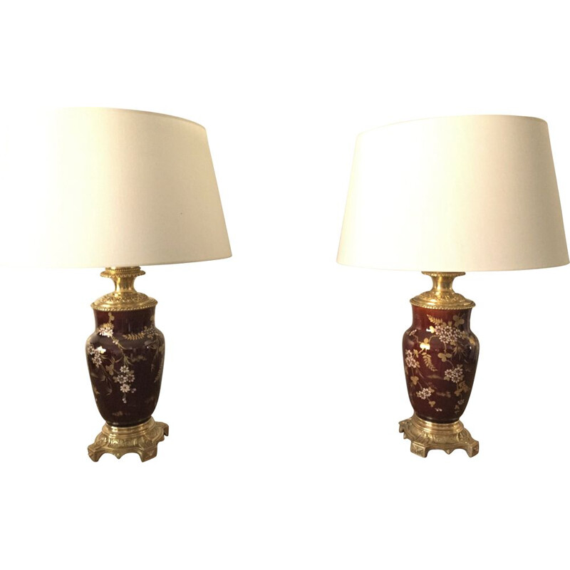 Pair of vintage Napoleon III bronze and earthenware lamps, 1800s