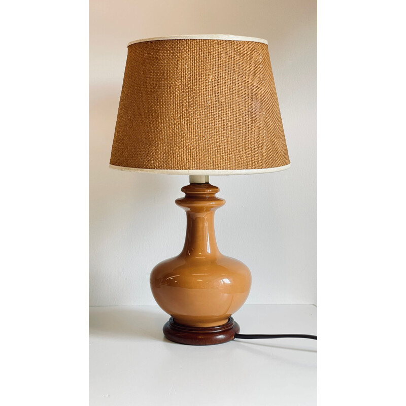 Lampe vintage en céramique avec abat-jour en bois et toile de jute