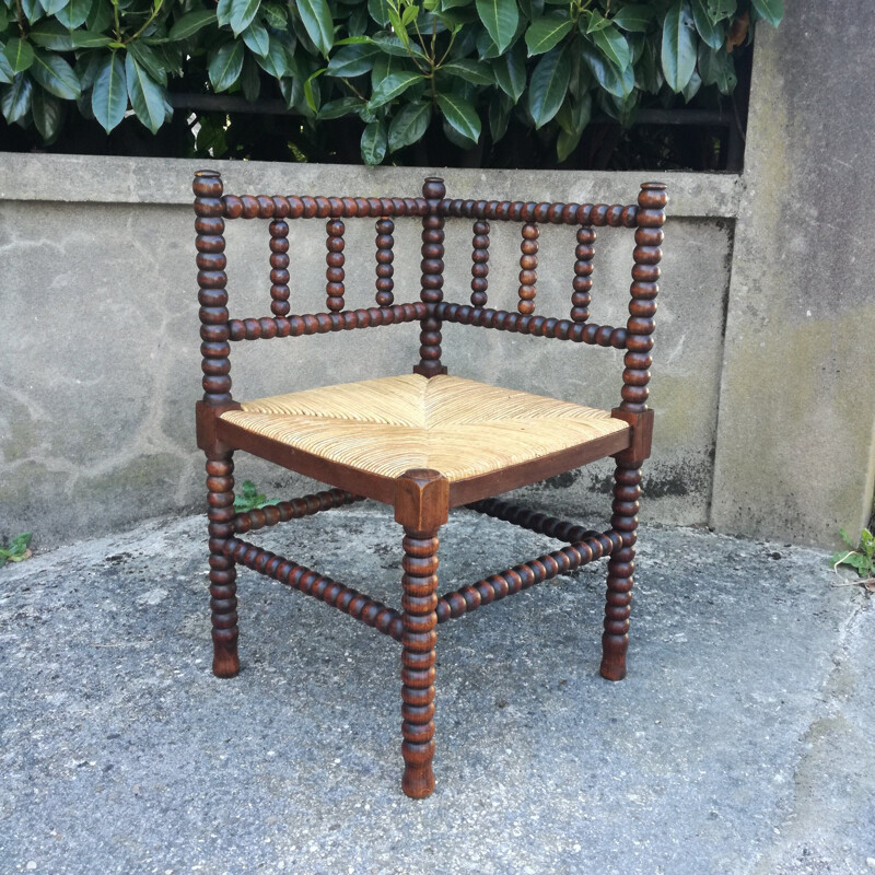 Chaise d'angle vintage en chêne tourné et paille