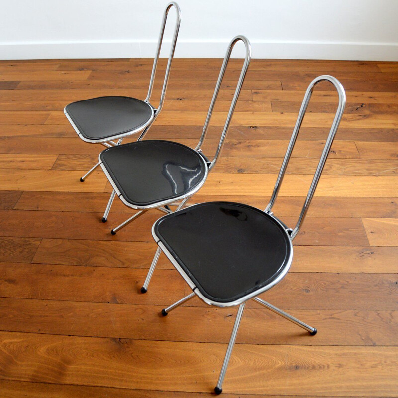 Ensemble de 3 chaises vintage pliable en plexi noir et chromé par Niels  Gammelgaard pour Ikea,