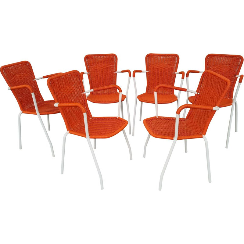 Lot de 6 chaises vintage Scoubidou Metalmobil Italy orange