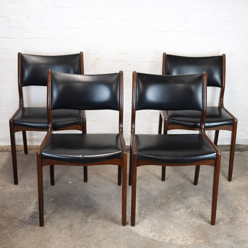 Set of 4 vintage dining chairs in teak and black vinyl by Johannes Andersen  for Uldum