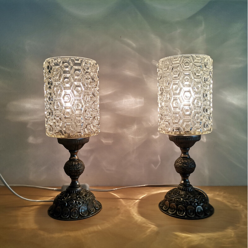 Pair of vintage ornate silver brass and cut glass lamps, 1950s