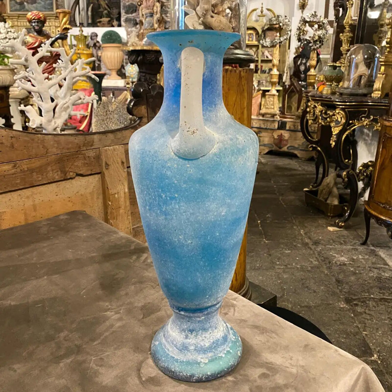 Vase amphore vintage en verre de murano bleu et blanc, 1960