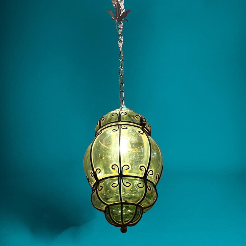 Green wrought iron and murano glass vintage hanging lamp