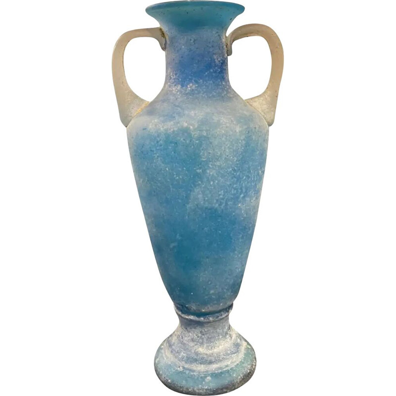 Vase amphore vintage en verre de murano bleu et blanc, 1960