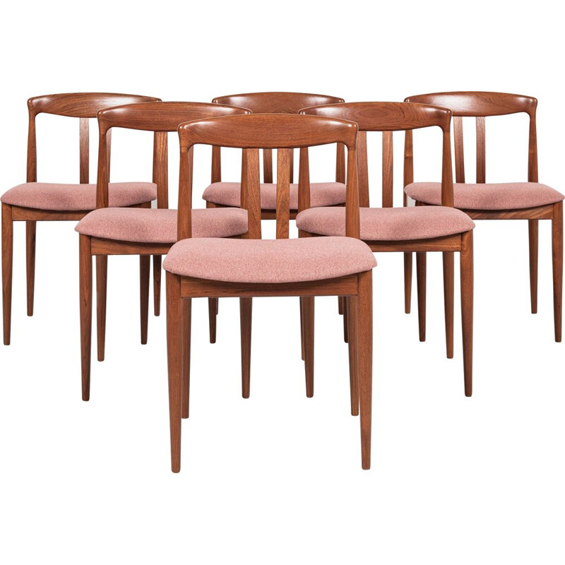 Ensemble de 6 chaises danoises vintage en teck et tissu rose, 1960
