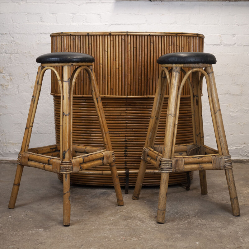 Vintage bamboo Tiki bar with pair of bar stools, 1960s