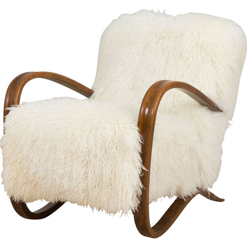 Vintage fauteuil model 269 in natuurlijke langharige schapenvacht van  Jindrich Halaba voor Up Zavody, 1930