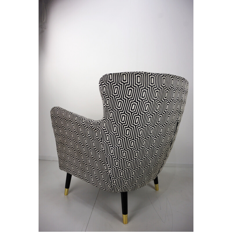 Vintage zwarte en witte stoffen fauteuil, Italië